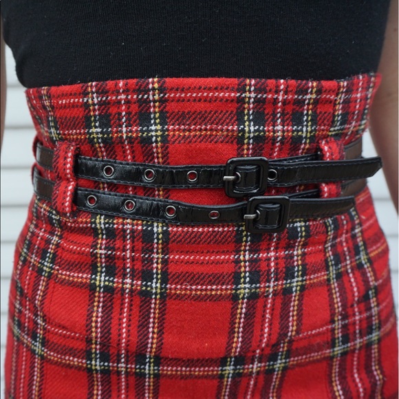 BETSEY JOHNSON Red Plaid Belted Pencil Skirt - Picture 5 of 8